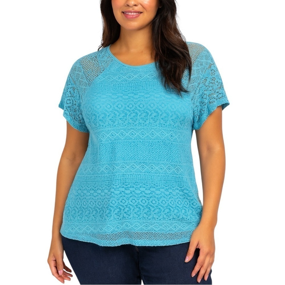 Chaps Teal Lace Pullover Top Short Sleeve 1X Plus Size